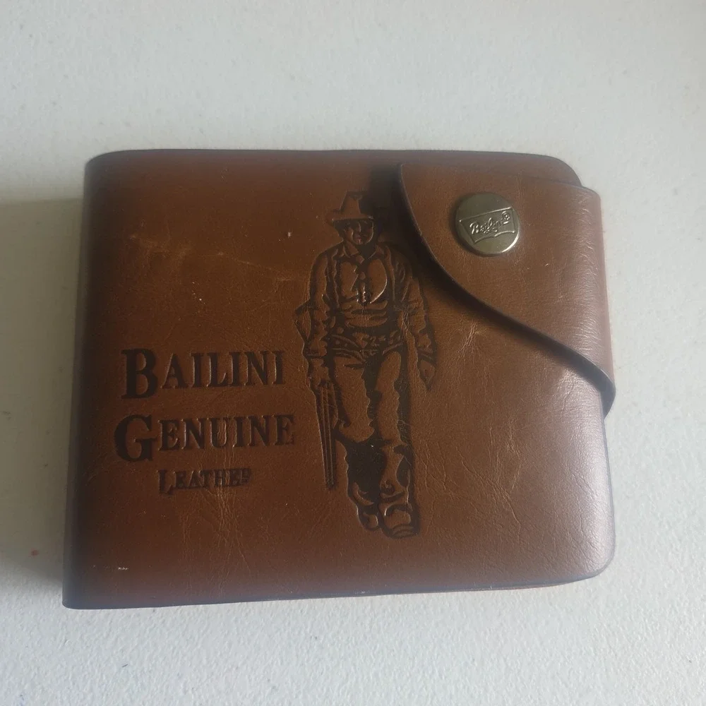 Bailini Genuine Brown Cowhide Leather Men Bifold Cowboy Wallet